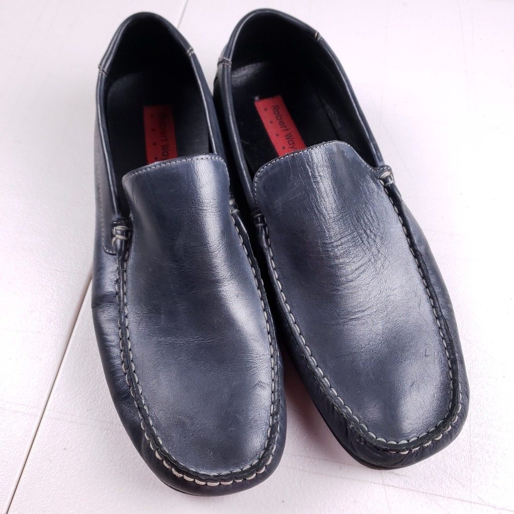 Robert Wayne Men 12 Driving Loafers Navy Blue Leather Slip On Moccasin Shoes